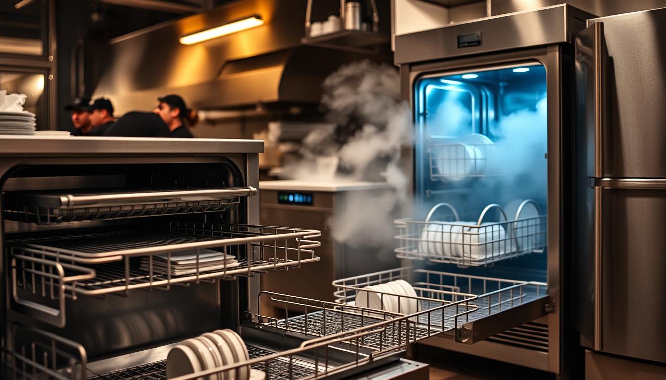 Different dishwasher types in a restaurant kitchen Different dishwasher types in a restaurant kitchen