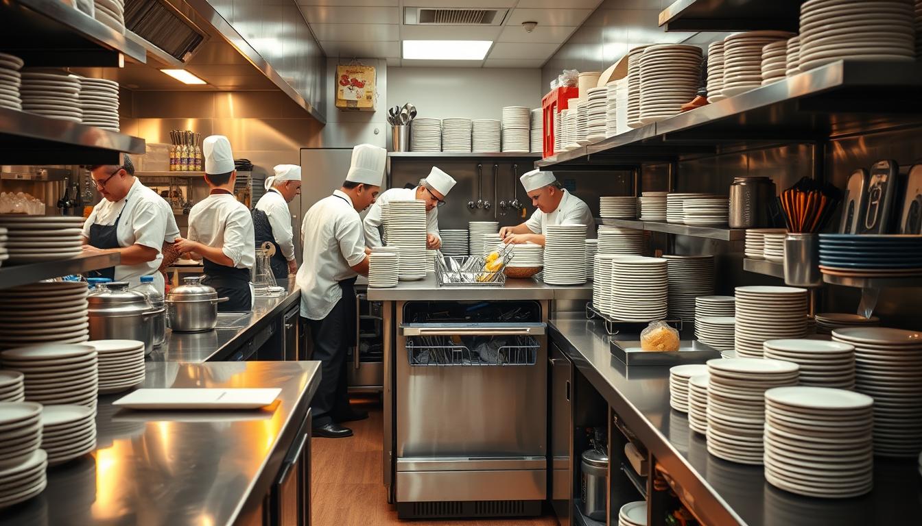undercounter dishwasher in a busy kitchen