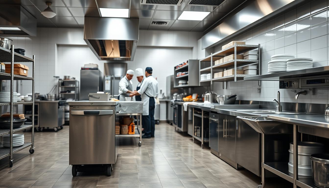 Commercial undercounter dishwasher in a restaurant kitchen